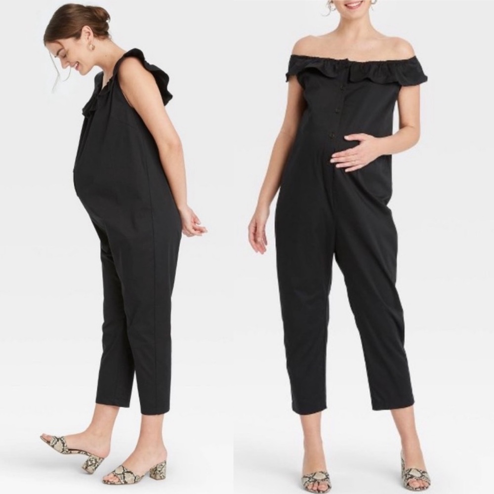 The Nines by Hatch Black Ruffle neckline Collar Cropped Jumpsuit Size XS 0/2 XXL